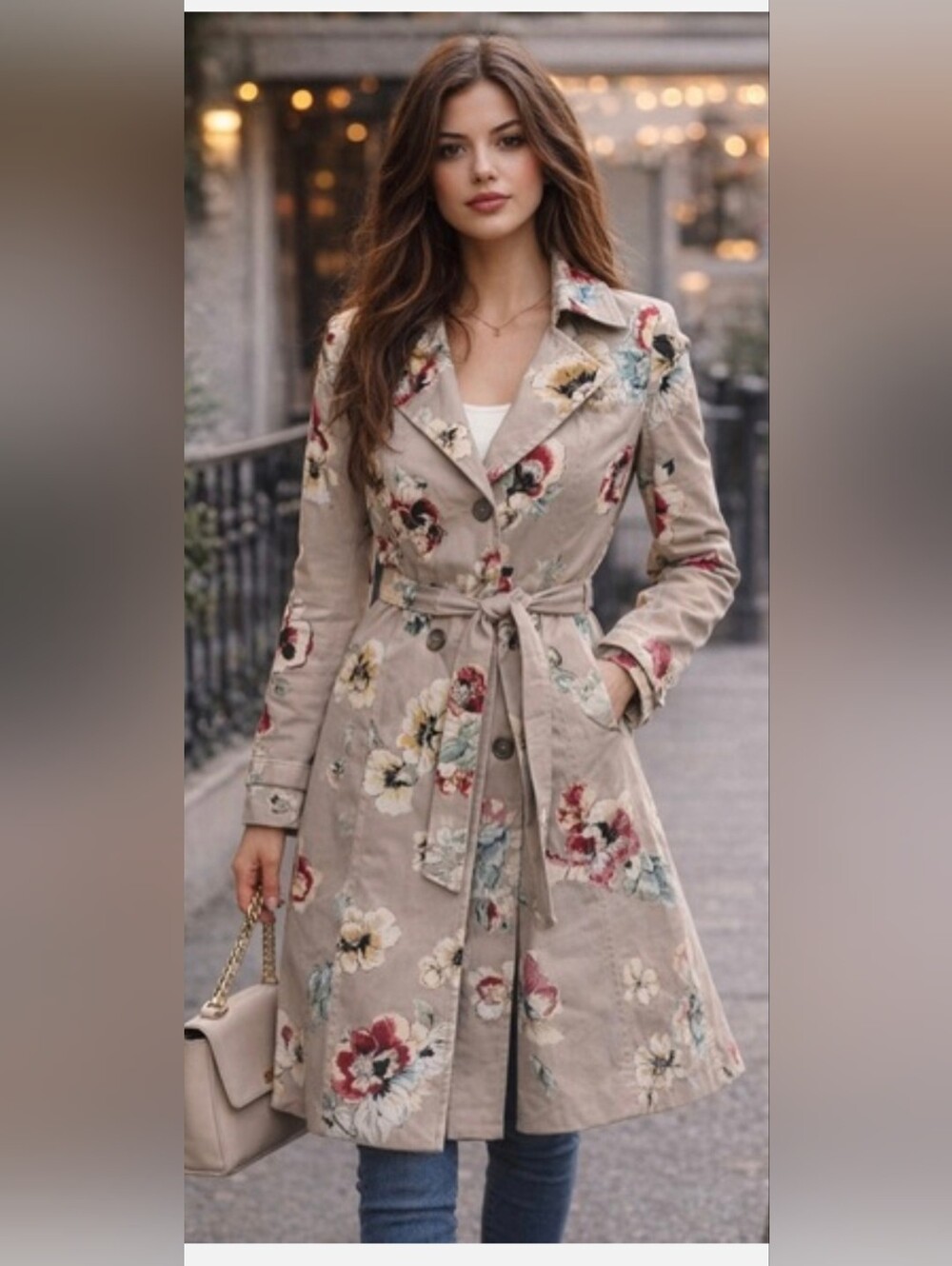 Elevensens Floral Beige Trench Coat with Belt
